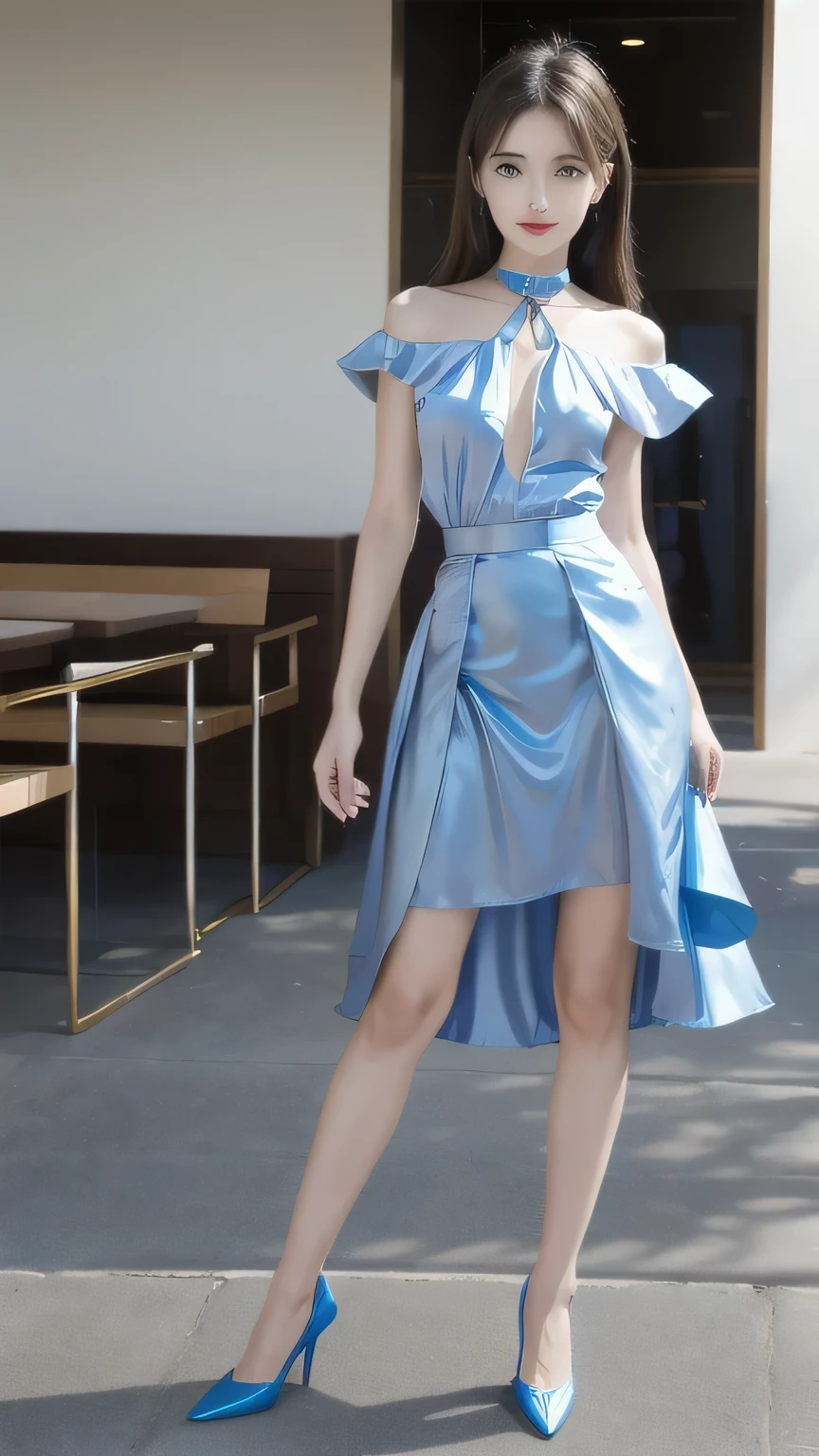 1 female々,(Standing posture:2.0), (Legs outstretched:2.0),(Height 2/3 is the foot:2.0),white glossy skin, Age 25, A small, elegant face, Red lips, Parted lips, blue eyes, smile, Elegant young woman, , choker,(Blue silk blouse :1.3)(Silver metallic silk pleated skirt :1.3), (Blue metal pumps:1.2), Almond Eye,Slender figure, Tight waist, Beautiful Hands, Narrow shoulders, View here, Broadleaf forest in the daytime