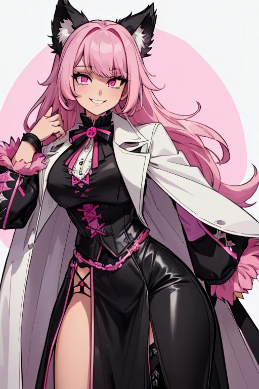 female, black long hair with pink highlights, pink eyes, black wolf ears, black wolf tail with pink trim, (((1girl))), (((white Victorian coat with pink trim))), (black shirt), (black gloves), (pink vest), (brown pants), (black heeled boots), cute and sexy, large breasts, large butt, full body, long legs, smiling