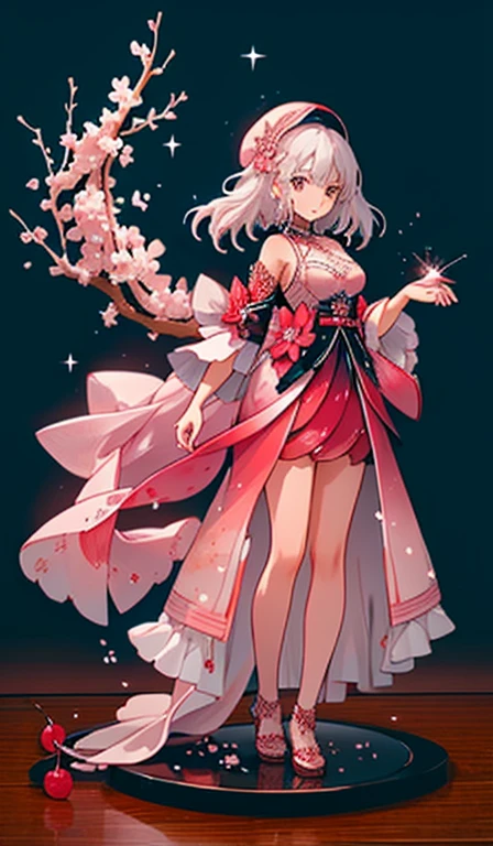 (((cherry blossoms, petal, sparkle)), night), Limited edition palette, contrast, Incredible aesthetics, highest quality, Amazing artwork, (Tabletop), (highest quality), (Very detailed),(((figure))), ((Very delicate and beautiful)),cherry blossomsの木の下、two people、picnic、nightcherry blossoms