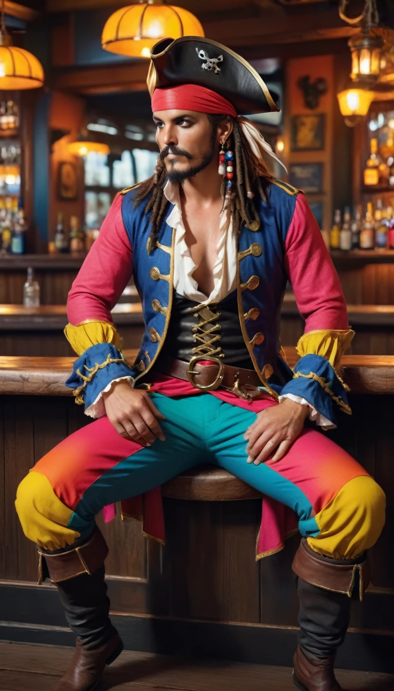 A pirate wearing very a colorful outfit and looking super stylish while sitting at a bar with his legs crossed (Best quality, 4k, Masterpiece :1.3)