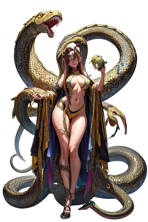 [(white background:1.5)::5], (bottle bottom:0.9), masterpiece,(full body:1.2),(masterpiece, ultra high res, 16k uhd, high quality),1women,beauty face,gorgeous body, 30 years old,monsters snake, hybird human and snake, dangerous monster, yellow and brown skin,perfect body,