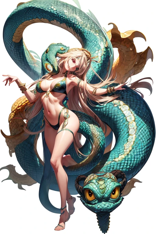 [(white background:1.5)::5], (bottle bottom:0.9), masterpiece,(full body:1.2),(masterpiece, ultra high res, 16k uhd, high quality),1women,beauty face,gorgeous body, 30 years old,monsters snake, hybird human and snake, dangerous monster, yellow and brown skin,perfect body,