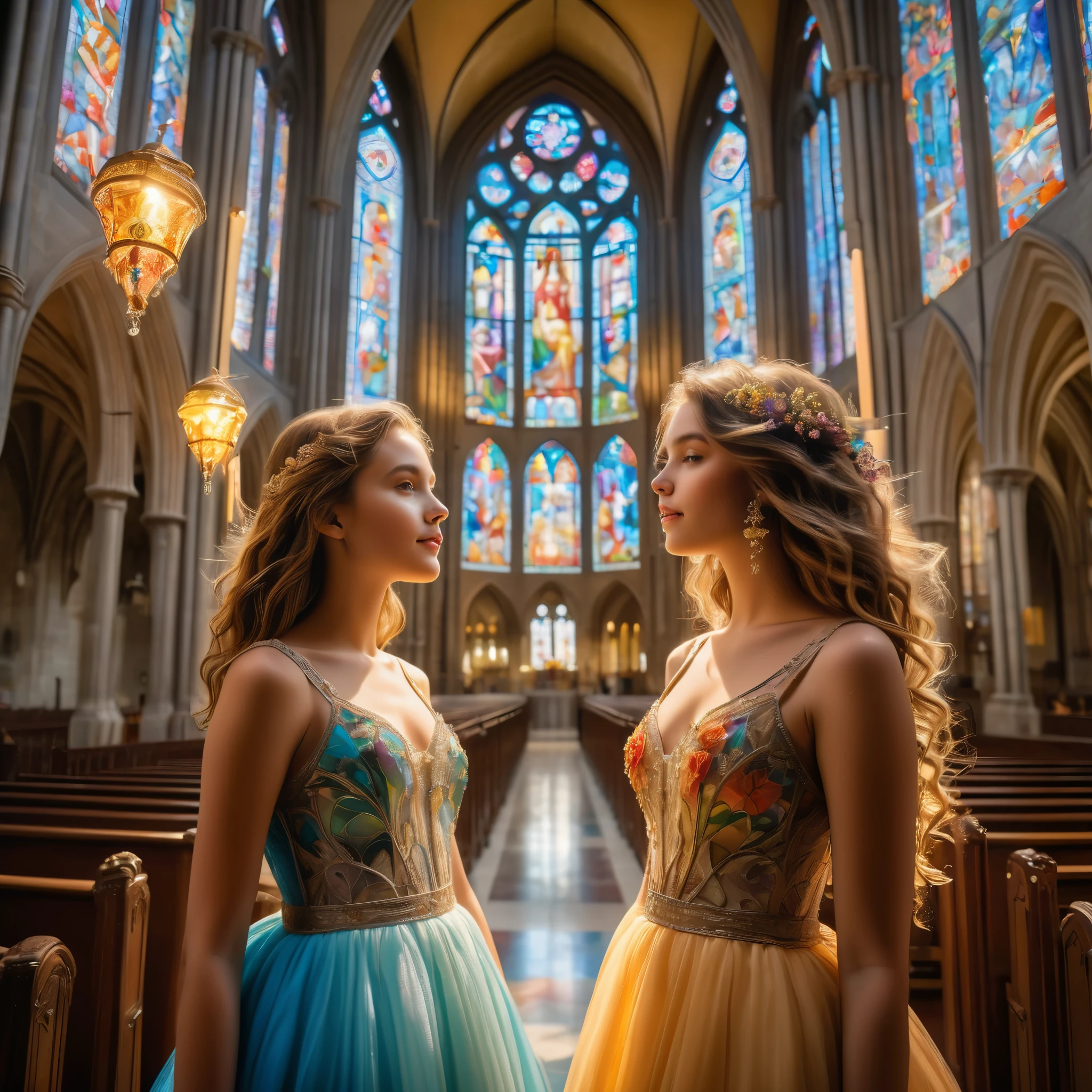 (best quality,4k,8k,highres,masterpiece:1.2),ultra-detailed,(realistic,photorealistic,photo-realistic:1.37),2 beautiful 15-year-old Italian girls,Stunning cathedral made of stained glass,Posing for a commemorative photo,Intimate atmosphere,fair-skinned girls with curly hair and bright blue eyes,wearing matching dresses,dainty floral patterns on the dresses,holding a bouquet of fresh flowers,standing side by side,soft sunlight pouring through the vibrant stained glass windows,illuminating the cathedral with a colorful glow,ornate architectural details of the cathedral,elaborate carvings and sculptures,delicate rose window at the center of the cathedral,creating a mesmerizing play of light and shadow,colorful beams of light filtering through the stained glass,casting a kaleidoscope of patterns on the girls' faces and dresses,creating a dreamy and ethereal atmosphere,subtle breeze gently rustling their hair and dresses,prettily fluttering fabric in the wind,sparkling chandeliers hanging from the high ceiling,warm golden light emanating from the chandeliers,bathing the scene in a warm and cozy ambiance,peaceful and serene atmosphere within the cathedral,tranquil silence interrupted only by the soft whispers and giggles of the girls,taking a moment to appreciate the intricate beauty surrounding them,creating a lasting memory of their cherished friendship.