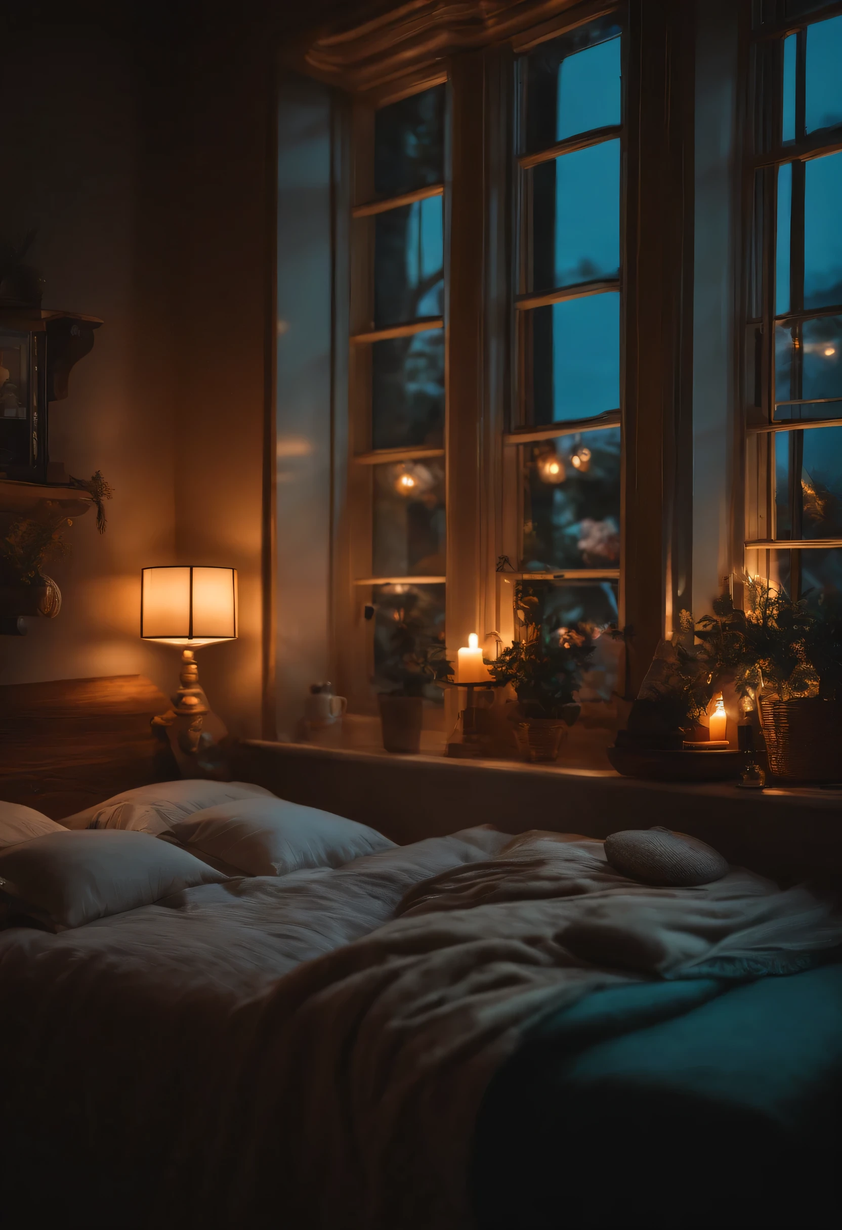 The room with the window has a bed with pillows and a pillow, Color photograph by Alexander Brook, tumbler, Maximalism, Cozy rooms, Cozy place, comfortable lighting, 8k)), Cozy environment, So magical and dreamy, Pleasant atmosphere, Beautiful lighting, cozy wallpaper, Cozy atmosphere, Dreamy details, relax time. good view, with neon lights