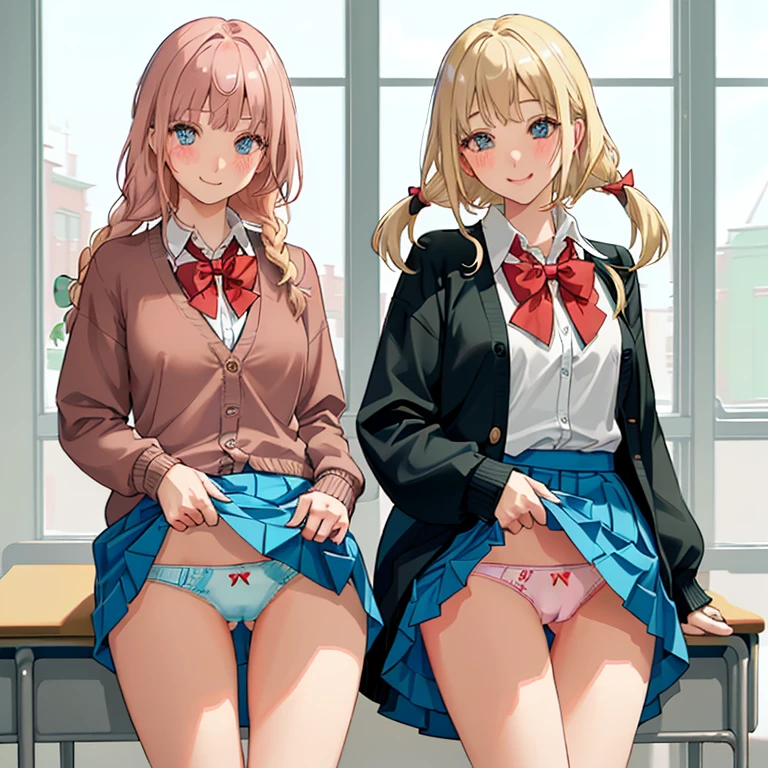 ((2 girls))、(smile:1.5)、Small breasts、(Cowboy Shot)、(fun!!)、(cardigan)、(Blonde)、(blush:1.4)、、(single braid)、(Eye highlights:1.3)、blake black shoes,(黒いskirt)、bow, button, shirt with collar, Long sleeve, ((red bow tie, , Black jacket, Open jacket, 茶色のcardigan, white shirt, 黒のskirt, チェック柄のskirt、white socks)),, shirt,, skirt, socks, Thighs, white shirt, Rest indoors, ((classroom:1.5))、 BREAK while watching the audience、(skirtを掴む:1.0)、 (Perfect hands, Perfect Anatomy),Cowboy Shot、(skirt lift:1.3),(Highly detailed panties:1.3)、(Highly detailed panties:1.3)、、(skirt that rolls up:1.3)、(Full-fledged panties:1.5)、Light blue eyes、