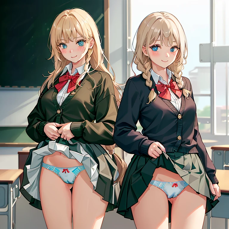 ((2 girls))、(smile:1.5)、Small breasts、（Cowboy Shot）、(fun!!)、(cardigan)、(Blonde)、(blush:1.4)、、(single braid)、(Eye highlights:1.3)、blake black shoes,(黒いskirt)、bow, button, shirt with collar, Long sleeve,  ((red bow tie, , Black jacket, Open jacket, 茶色のcardigan, white shirt, 黒のskirt, チェック柄のskirt、white socks)),, shirt,, skirt, socks, Thighs, white shirt, Rest indoors, ((classroom:1.5))、 BREAK while watching the audience、(skirtを掴む:1.0)、 (Perfect hands, Perfect Anatomy),Cowboy Shot、(skirt lift:1.3),(Highly detailed panties:1.3)、(Highly detailed panties:1.3)、、(skirt that rolls up:1.3)、(Full-fledged panties:1.5)、Light blue eyes、