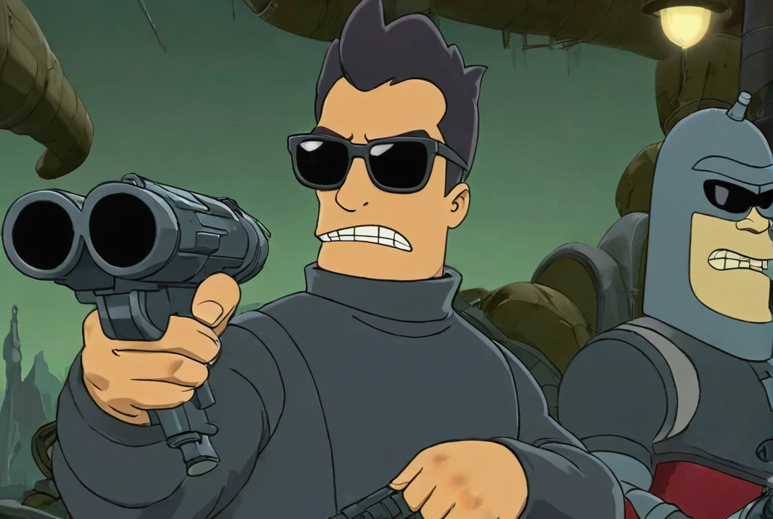 Big Evil Spike Monster Bender Rodriguez holding Biggest Gun in Jacksonville Florida, Bigger Evil Angry, Big Large Muscle, Diamond Sunglasses, Black Tracksuit, Style of Futurama 