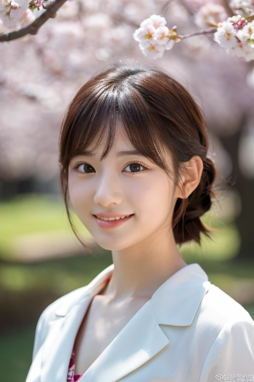 (masterpiece:1.3), (8K, Photorealistic, Raw photo, Best image quality: 1.4), Japanese female university student、(Random hairstyle:1.2)、Cleavage:1.2、Super detailed face、Eye for details、double eyelid、Chest to chest、Sharp focus:1.2、Beautiful woman:1.4、Light brown hair、highest quality、masterpiece、超A high resolution、(Photorealistic:1.4)、非常に詳細でプロフェッショナルな照明のsmile、thin、smile、Short-haired、Fatal position large breasts:1.3、pretty women's clothes、Cherry Blossom Viewing