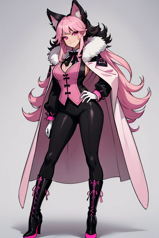 female, black long hair with pink highlights, pink eyes, black wolf ears, black wolf tail with pink trim, (((1girl))), (((white Victorian coat with pink trim))), (black shirt), (black gloves), (pink vest), (brown pants), (black heeled boots), cute and sexy, large breasts, large butt, full body, long legs, smiling