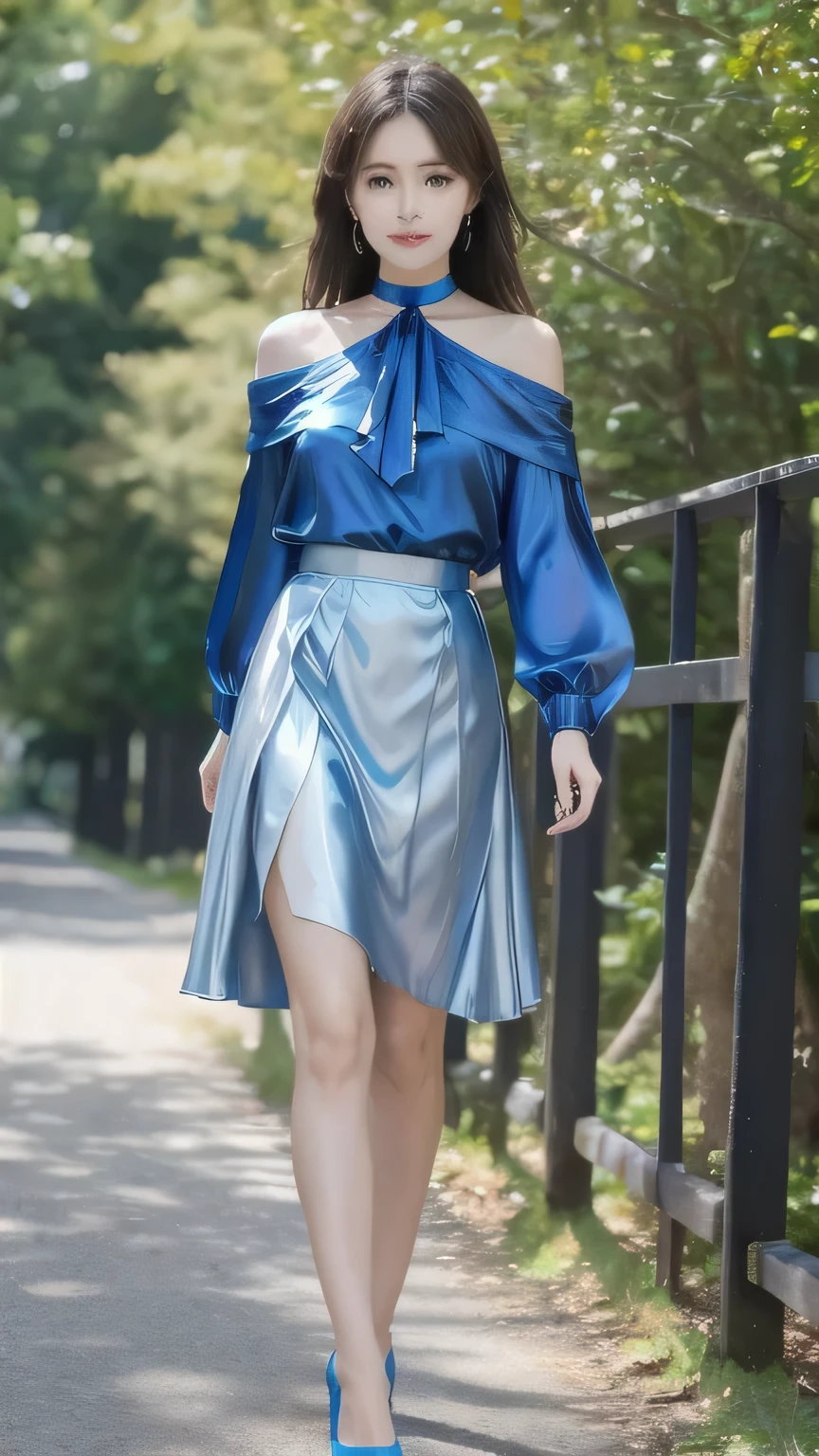1 female々,(Standing posture:2.0), (Legs outstretched:2.0),(Height 2/3 is the foot:2.0),white glossy skin, Age 25, A small, elegant face, Red lips, Parted lips, blue eyes, smile, Elegant young woman, , choker,(Blue silk blouse :1.3)(Silver metallic silk pleated skirt :1.3), (Blue metal pumps:1.2), Almond Eye,Slender figure, Tight waist, Beautiful Hands, Narrow shoulders, View here, Broadleaf forest in the daytime