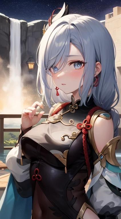 shenhedef, Upper Body, Serious expression, blush, outdoor, night, liyue house background, night starry Sky, short hair, Sky, Beautiful natural scenery around the waterfall, Looking at the audience, Mountain, Mood lighting, (Eyes with perfect details:1.2), Glowing eyes, long hair braids