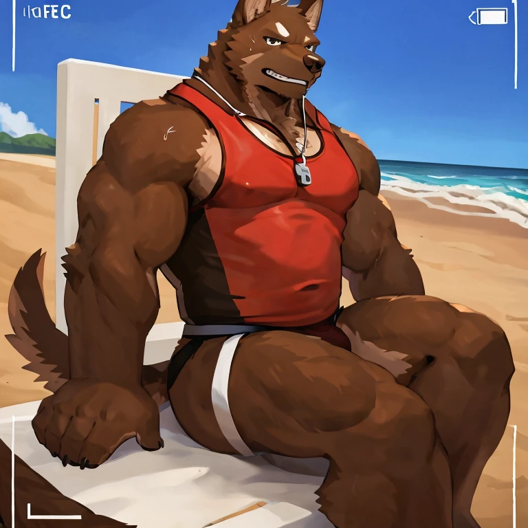 POV,top angle,sleep on stomach,lats,trapezius,butt lift,kemono, anthro (brown dog), male, (brown dog), muscular, back, red body, white belly ,sweat, ((correct anatomy)), sitting on lifegruard tall chair, beautiful beach, perfect beautiful beach background, perfect chair,1 boy, solo, wearing jockstrap, pain expression, canine tooth, hd, dark shadows, wide dynamic range, hdr, low light:1.2, front view, full body, canid, canine, canis, domesticbrown dog mammal, nordic sled brown dog, fullbody, full res, smile, lifeguard, wearing Tank top, full body, camera view, side view, full view, whistle, finger middle, look down at viewer