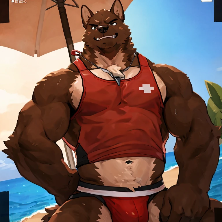 POV,top angle,sleep on stomach,lats,trapezius,butt lift,kemono, anthro (brown dog), male, (brown dog), muscular, back, red body, white belly ,sweat, ((correct anatomy)), sitting on lifegruard tall chair, beautiful beach, perfect beautiful beach background, perfect chair,1 boy, solo, wearing jockstrap, pain expression, canine tooth, hd, dark shadows, wide dynamic range, hdr, low light:1.2, front view, full body, canid, canine, canis, domesticbrown dog mammal, nordic sled brown dog, fullbody, full res, smile, lifeguard, wearing Tank top, full body, camera view, side view, full view, whistle, finger middle, look down at viewer