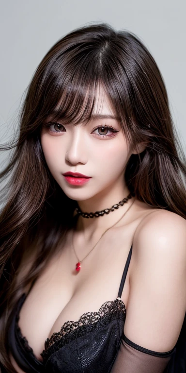 Canon RF 85mmf/1.2,masutepiece,Best Quality,超A high resolution,tu,1 girl,(Korean mixed,Kpop Idol:1.2),Solo,white_shiny_skin,Black eyes,Necklace,brown_long_Wavy_hair,Red lipstick dark_shiny_Lips,Eyelashes,Bangs,deal,make - up,shiny,Pore,skin texture,Bracelet,off shoulders,See-through,Big breasts