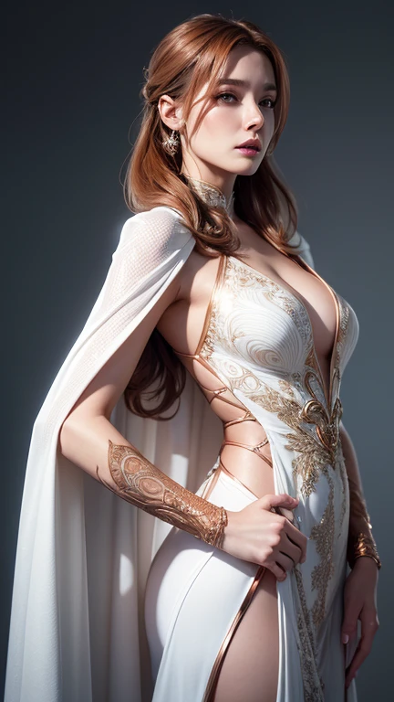 illustration futuristic beautiful woman in white robe dress ,vine pattern copper on body, medium body shot with copper adorning, intricately sculpted, elegant pose, beautiful breast, high octane, 4k render.,photo realistic , cinematic light , ultra sharp ,8K