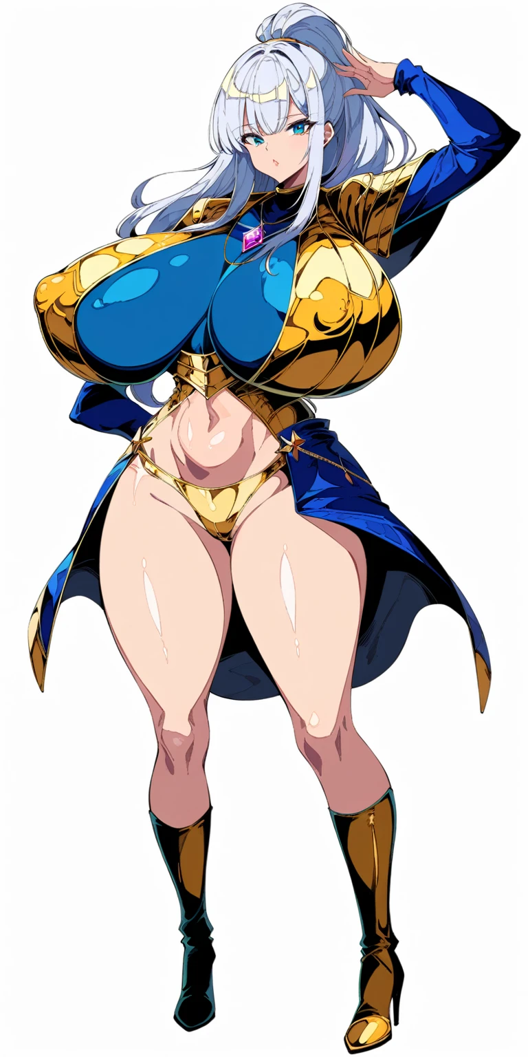 masterpiece, bestquality, ultra-detailed,
flat design, ligne claire, photorealistic,
cinematic lighting, depth of field,
1girl, (fullbody:1.4), front view, looking at viewer,
Female Hero
Hair color: Shiny silver hair that is almost golden, and flows down to her back.
Eye color: Deep blue, symbolizing courage and hope.
Height and build: Slightly taller than average, lithe but muscular.
Clothing: A modern take on the traditional hero's outfit. She wears lightweight but durable armor, with intricate patterns drawn in gold thread on the details.
Accessories: She wears a small crystal pendant around her neck. This is the source of her power.
gigantic saggy breasts, Clothes that are completely stuck to the chest, impossible clothes, Impossible clothing with perfectly shaped extremely gigantic puffy nipples, pawg, thin thighs, thick calf, slender body, thin waist, milf, mature woman, puffy lip,
(dynamic standing pose:1. 2), spread legs,
high waist T-back, low rise hot pants, (pants, Wear warm clothes:1. 3),
(white background:1.5),