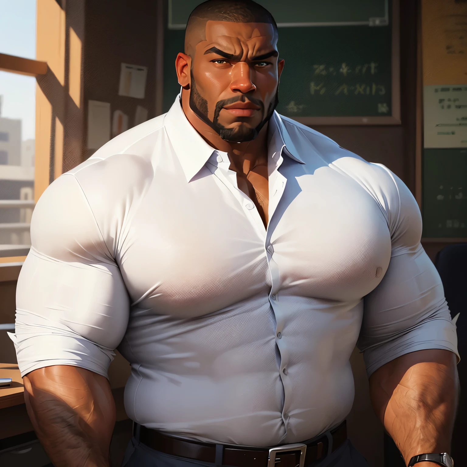 an exaggeratedly muscular and large bodyguard, beefy build, beard, dark-skinned african american male, buzzcut hair with square line, (worried expression: 1.2), (wearing white collared unbuttoned shirt: 1.2), (shirt showing midriff:1.1), school logo on shirt, (bara pecs: 1.3), (arm and chest hair: 1.1), close-up portrait HD, (cowboy angle), (school office)