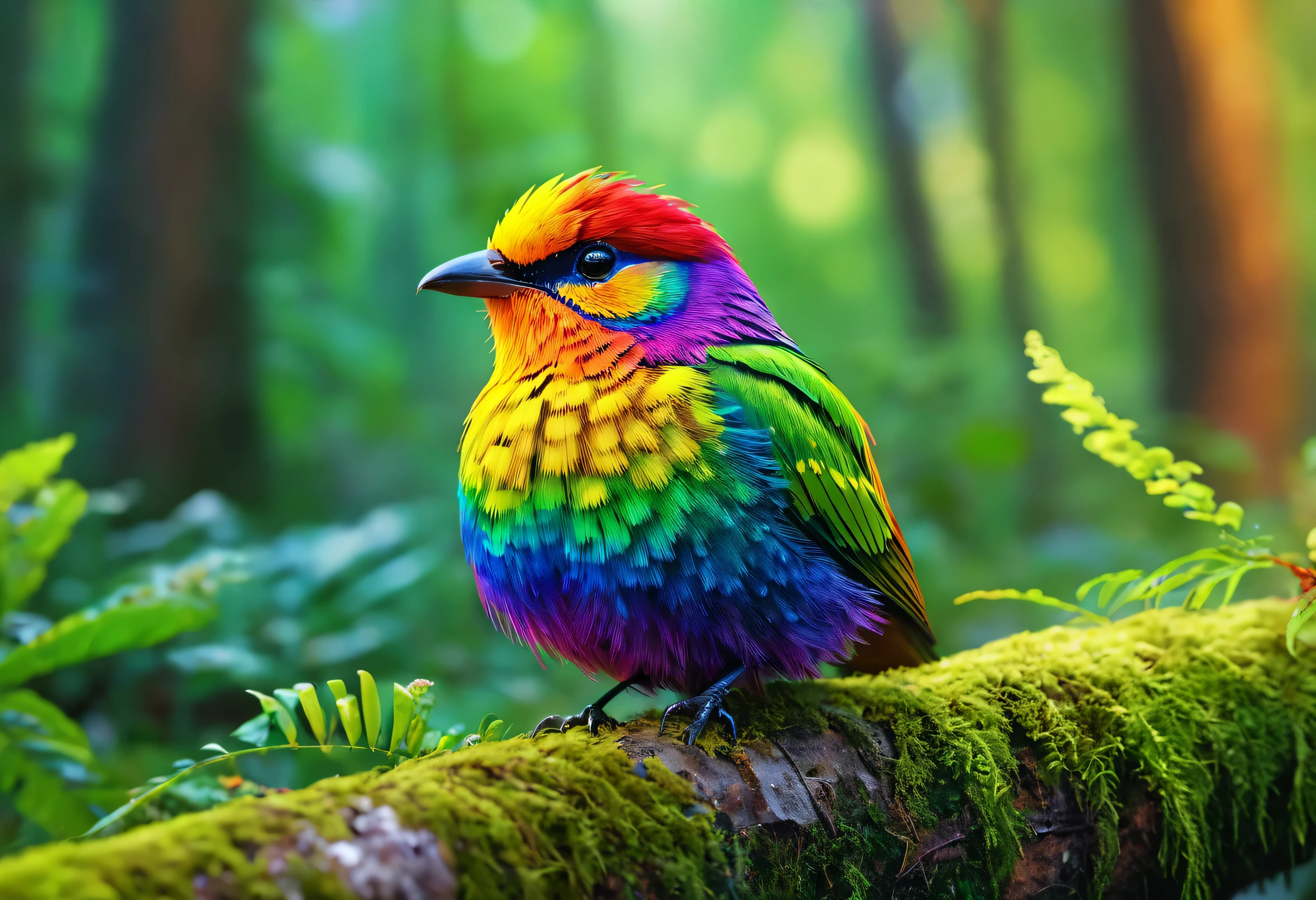 One beautiful bird, high resolution, high quality, master piece, cute photo, 8K, rainbow color, in the forest