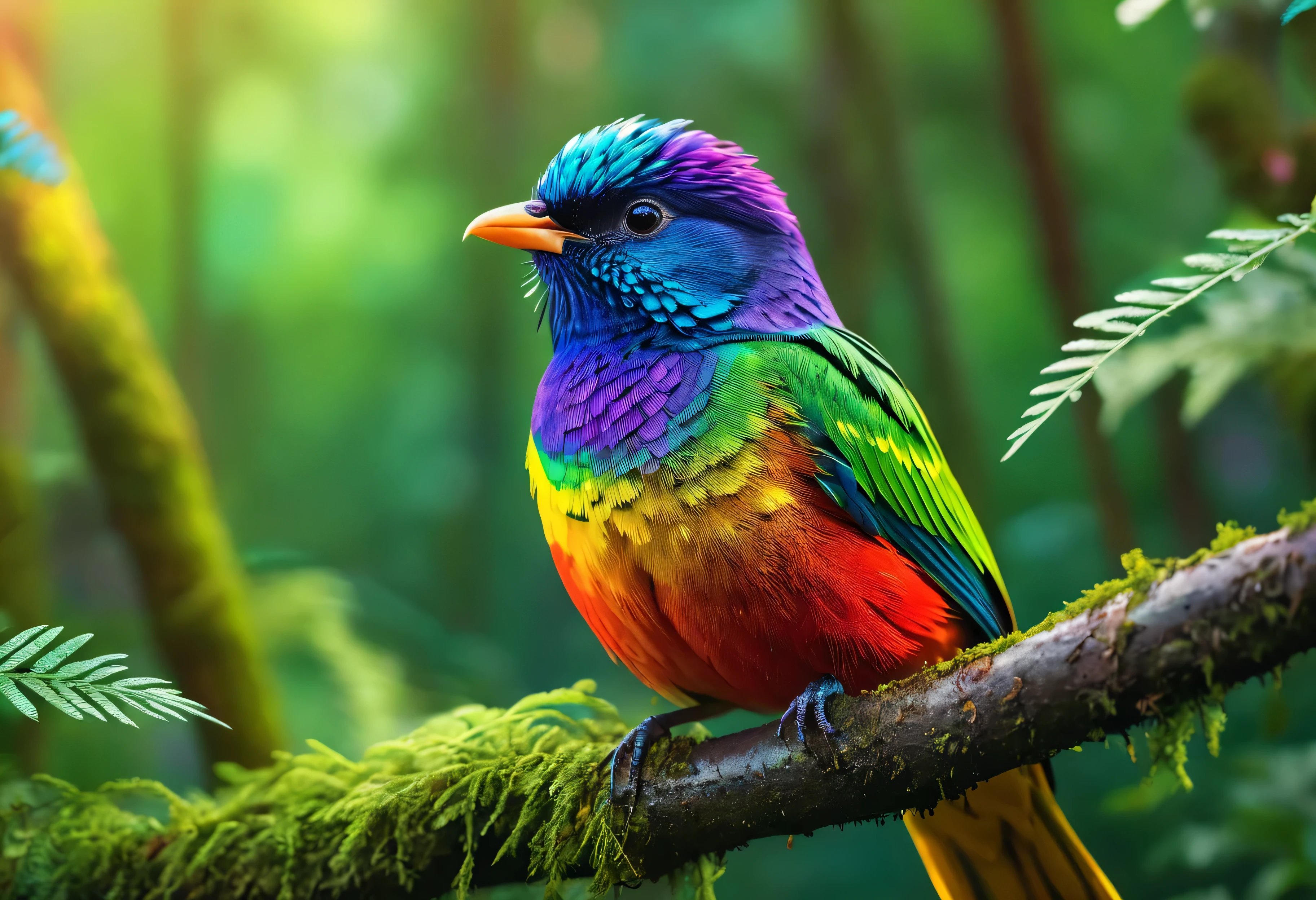 One beautiful bird, high resolution, high quality, master piece, cute photo, 8K, rainbow color, in the forest