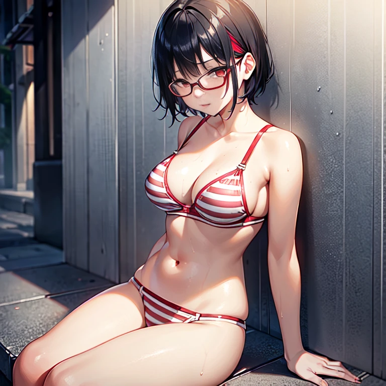  girl , short hair, black hair, red eyes, sexy bra ((white with red stripes)), small, cute, sitting in the rain, wet, big breasts, wear glasses, White underwear,