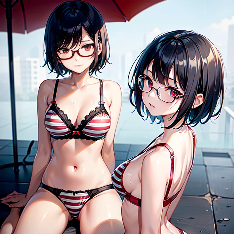 14 year old girl , short hair, black hair, red eyes, sexy bra ((white with red stripes)), small, cute, sitting in the rain, wet, big breasts, wear glasses, White underwear,