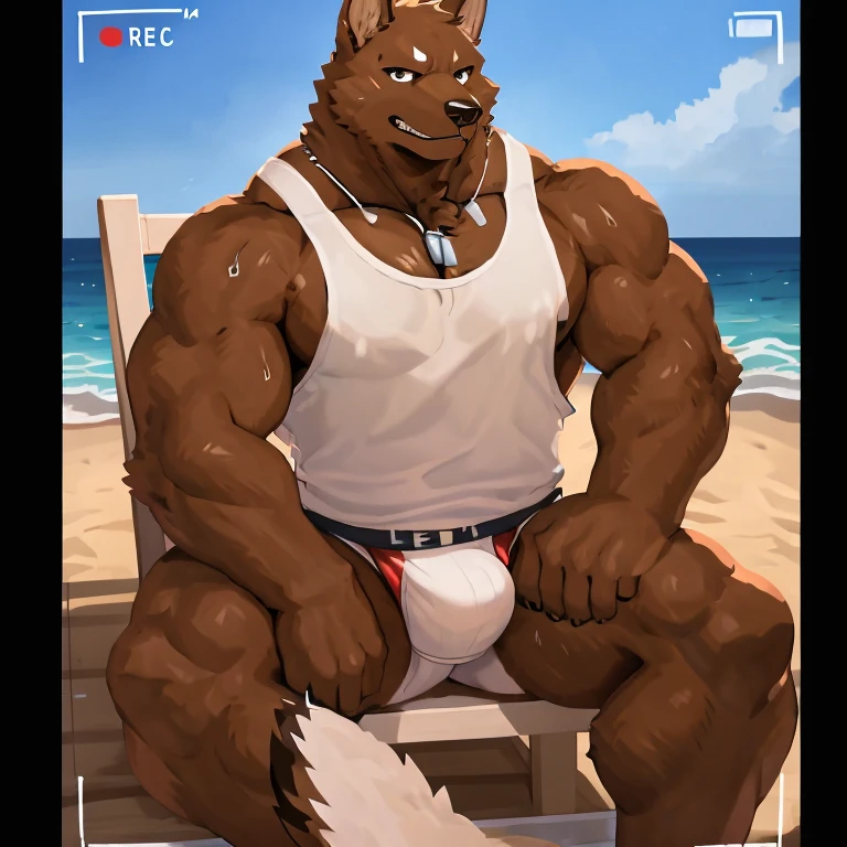 POV,top angle,sleep on stomach,lats,trapezius,butt lift,kemono, anthro (brown dog), male, (brown dog), muscular, back, red body, white belly ,sweat, ((correct anatomy)), sitting on lifegruard tall chair, beautiful beach, perfect beautiful beach background, perfect chair,1 boy, solo, wearing jockstrap, pain expression, canine tooth, hd, dark shadows, wide dynamic range, hdr, low light:1.2, front view, full body, canid, canine, canis, domesticbrown dog mammal, nordic sled brown dog, fullbody, full res, smile, lifeguard, wearing Tank top, full body, camera view, side view, full view, whistle, finger middle, finger, signal look down at viewer