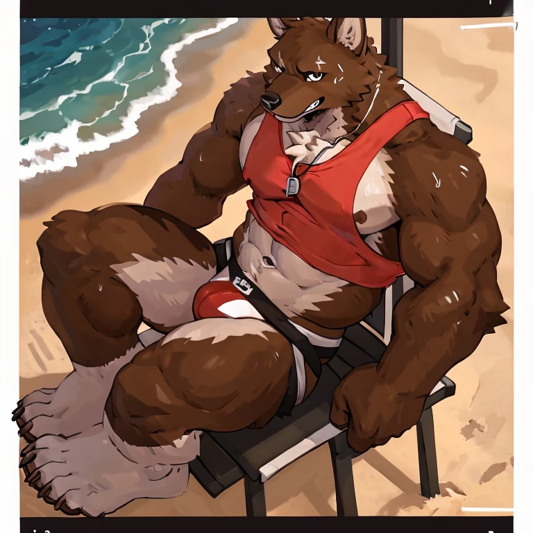 POV,top angle,sleep on stomach,lats,trapezius,butt lift,kemono, anthro (brown dog), male, (brown dog), muscular, back, red body, white belly ,sweat, ((correct anatomy)), sitting on lifegruard tall chair, beautiful beach, perfect beautiful beach background, perfect chair,1 boy, solo, wearing jockstrap, pain expression, canine tooth, hd, dark shadows, wide dynamic range, hdr, low light:1.2, front view, full body, canid, canine, canis, domesticbrown dog mammal, nordic sled brown dog, fullbody, full res, smile, lifeguard, wearing Tank top, full body, camera view, side view, full view, whistle, finger middle, finger, signal look down at viewer
