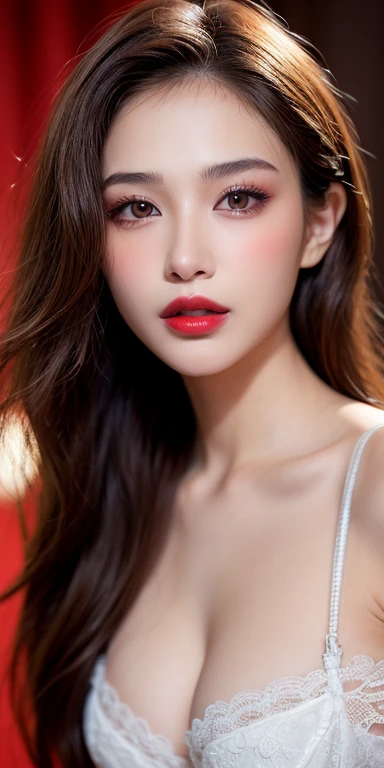 8ก, Highest quality: 1.2), Extremely detailed, thorough resolution, (realistic, realistic photo: 1.37), Portrait, high definition RAW color photograph, professionally arrested, high definition and beautiful, high definition, 8ก Image wallpaper, Amazing details, Big file size, highly detailed beautiful girl, Extremely detailed face, Finely defined eyes, The skin has a fine texture., Every feature is meticulously displayed., The fingers were neatly outlined., The nose has a precise shape., expressive lips red lipstick , perfect ???????, background is not blurred, one story, (20:1.2), Twenty generations, cute girl, realistic