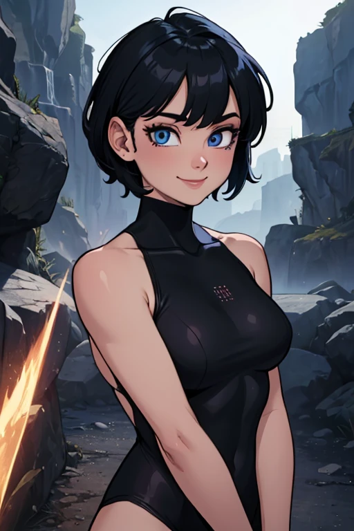 (art, Best quality, absurd, 4K, aesthetics, perfect eyes, perfect face, detailed, complex, Perfect lighting) 1 girl with fair skin, short shaved dark hair, wears all black futuristic bodysuit, queen of an alien race, warrior, gentle smile