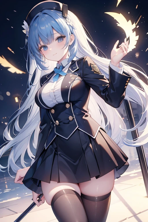 ((4k,masterpiece, best quality)),black academy uniform, black stockings ,mature girl, Graceful  , solo, long blue hair, smiling,
