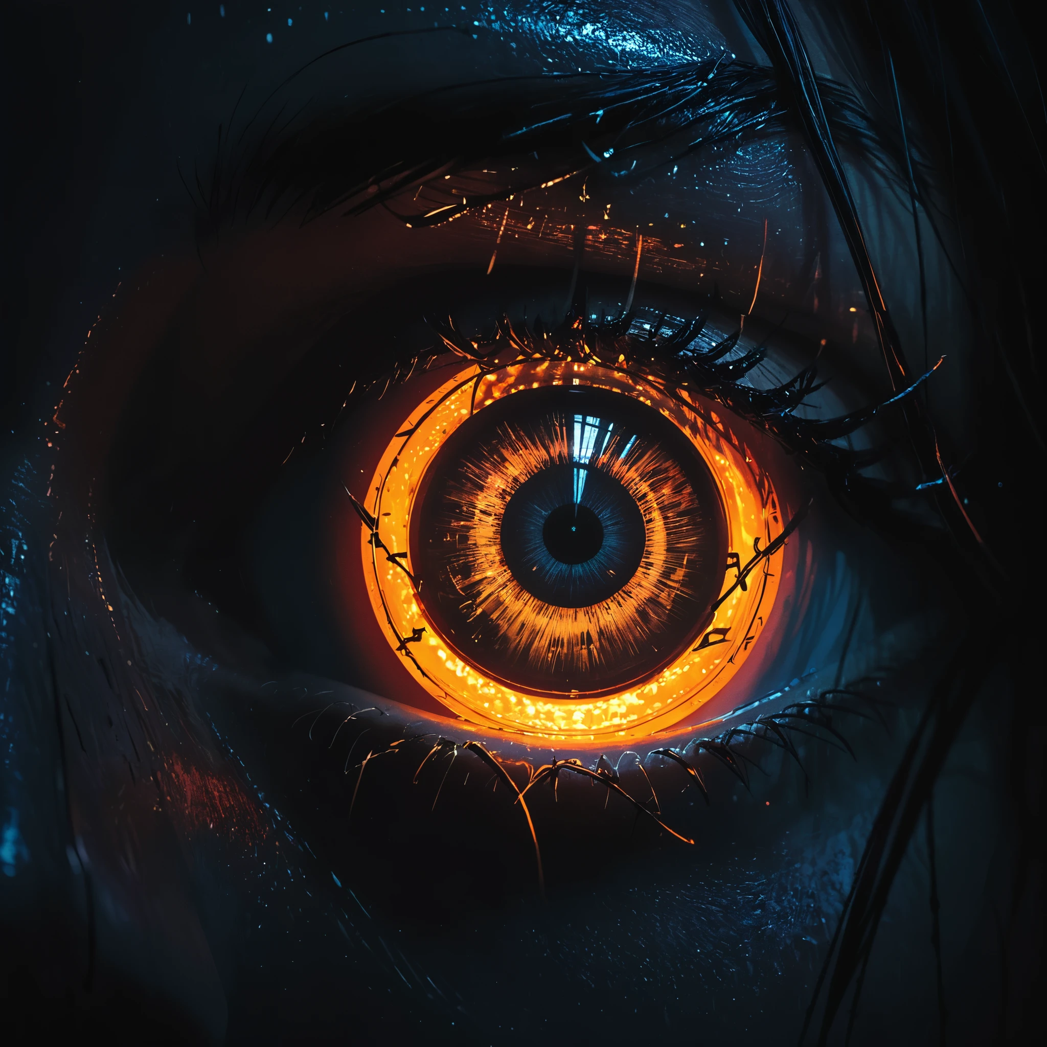 (Portrait of a mysterious giant eye), indoor, Fluorescent illumination, (((Darkness shrouded,black background,shadow, extreme darkness,Dark atmosphere))), Wall background, Fluorescent orange Skull pattern graffiti, 1girl, Oversized black T-shirt, big Breast, Waistless T-shirt, orange fluorescent hair, Fluorescent orange eyes, long hair, Messy hair, Low rise denim shorts, orange eye shadow, (Vanishing point, (Vines Covered Foreground), Grin, Open your mouth, evil smiley, trigger finger, Shark Teeth, Dark and Edgy, Surrealist elements, expressive brushstrokes, dynamic composition, extreme detail description, chain, barbed wire, wooden stake, (red moonlight), heavy rain, silhouette, cowboy shot, Depth of Field, Cubist Futurism, cinematic lighting, motion blur, optical illusion, UHD, retina, masterpiece, ccurate, high details, high quality, best quality