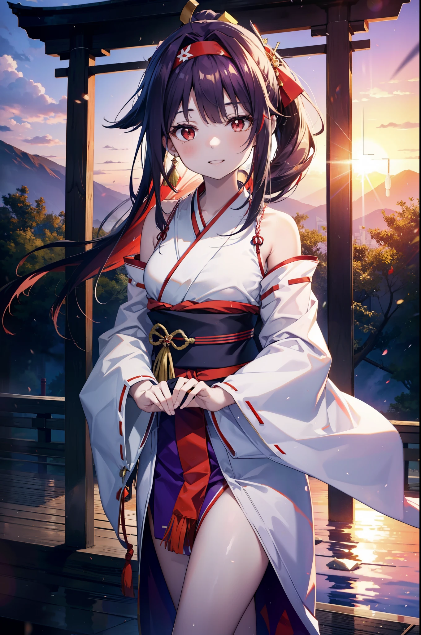 yuukikonno, Konno Yuuki, hair band, Long Hair, Pointed Ears, Purple Hair, (Red eyes:1.5), (Small breasts:1.2), Open your mouth,
happy smile, smile, Open your mouth,Platycodon grandiflorum,Miko, White Kimono,Purple Hakama Kimono, Wide sleeves, Long sleeve, Thick sleeves,Ribbon-trimmed sleeves, とてもLong Hair, Blunt bangs, Low ponytail, evening,sunset,太陽が沈んでいるbreak outdoors, shrine,torii, break looking at viewer, (Cowboy Shot:1.5), break (masterpiece:1.2), highest quality, High resolution, unity 8k wallpaper, (figure:0.8), (Beautiful fine details:1.6), Highly detailed face, Perfect lighting, Highly detailed CG, (Perfect hands, Perfect Anatomy),