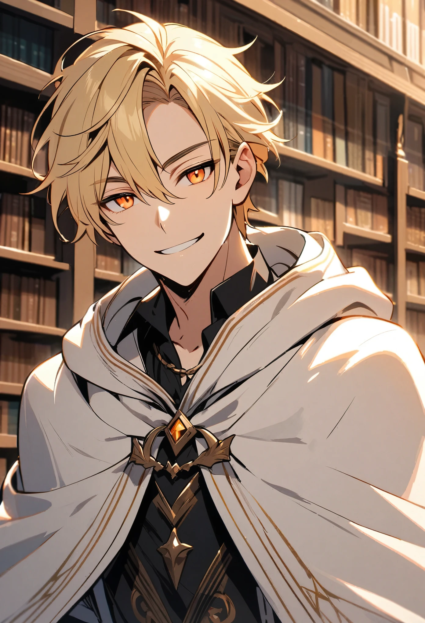 solo, handsome, 1 male, blonde hair, orange eyes, white hooded cloak, black shirt, library, smile facial