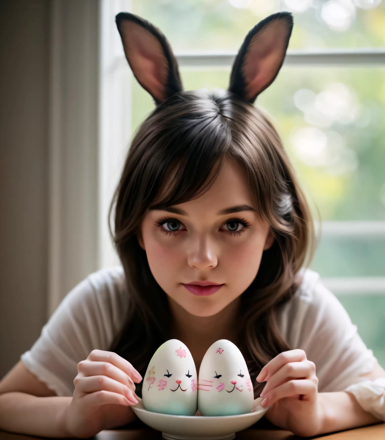 cinematic film still Beautiful little bunny with dreamy eyes, volumetric light, hyper realistic, intricate detail, illustration, painting, watercolor, kawaii chibi, eating easter egg, Aww!, Shallow depth of field, pastel color palette, Soft Lighting, Minimalistic, Modern, Digital painting, art by lois van baarle and ross tran and artgerm, Trending on Artstation HQ, highly detailed . shallow depth of field, vignette, highly detailed, high budget, bokeh, cinemascope, moody, epic, gorgeous, film grain, grainy