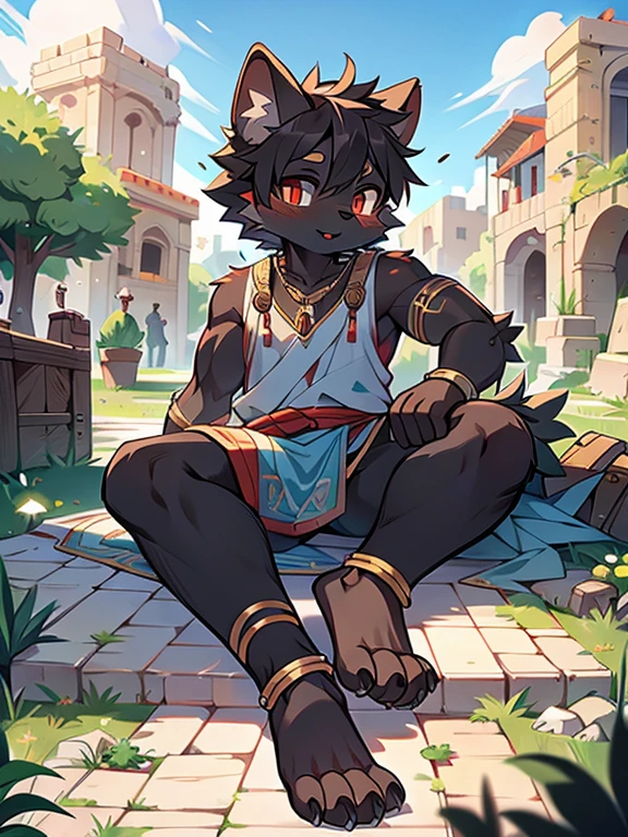 BREAk,Master masterpieces,A high resolution,8k,detailedbackground,high qulity,BREAk,BREAk,(Yellow fur,Black sclera,red color eyes,Fluffy fur,Detailed fur)) hairy pubic, Broken, mascular,( Libido boy,Shota) human - shaped,fig leaf,Loincloth(Ancient Greek architecture,bazaars,choker necklace,bangle),solo,furry,