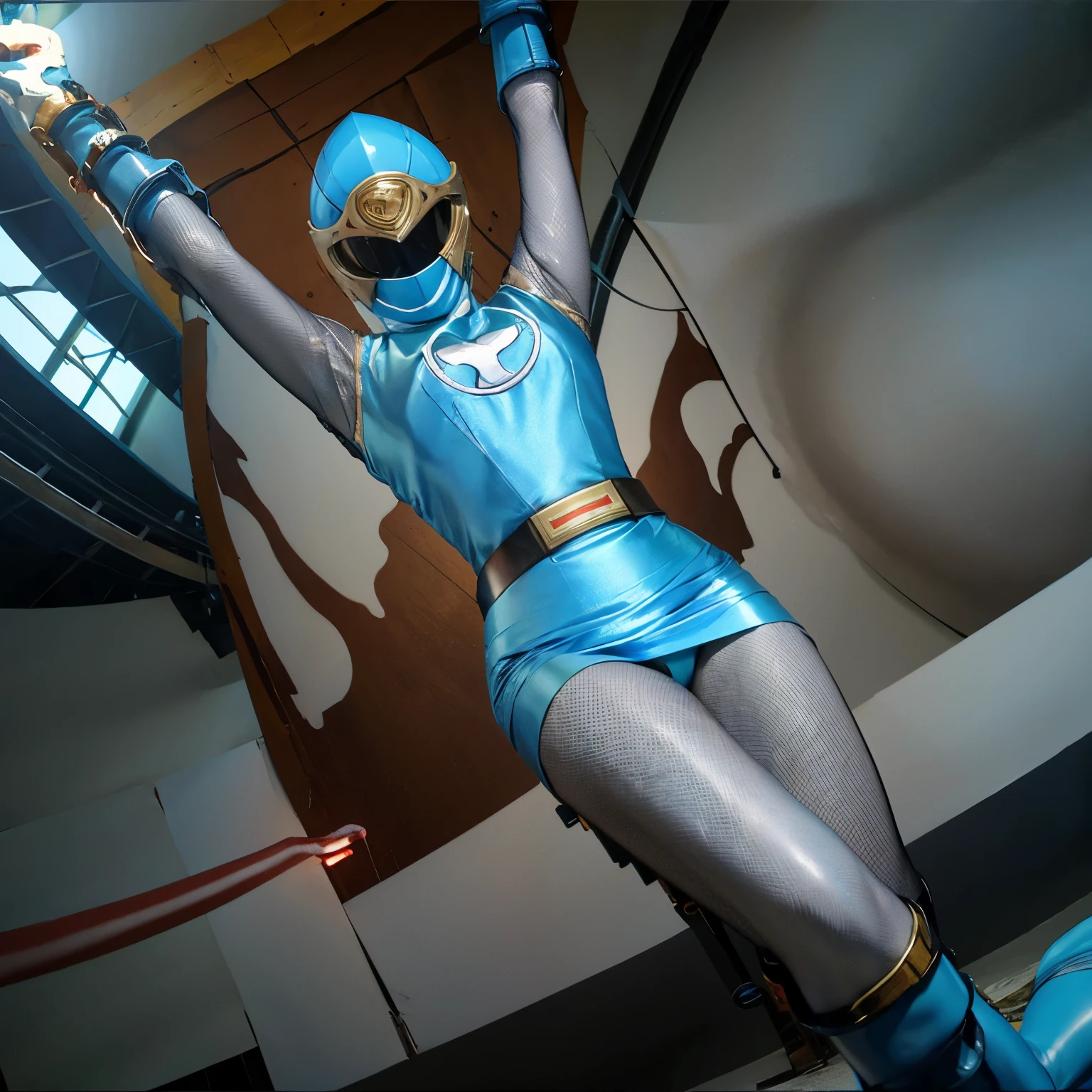 (NSFW) Best Quality, Masterpiece, RAW Photos, Ultra Detail:1.2), 1girl, only, Looking at the audience, ((Hurricane Blue outfit, belt, Gloves, helmet on, blue spandex vest, blue boots, blue skirt , gray leggings, white gloves)), big breasts, (((legs open:1.1))), ((tentacles:1)), NSFW, smiling, Arms raised, close-up, industrial background, midsection top, big hips