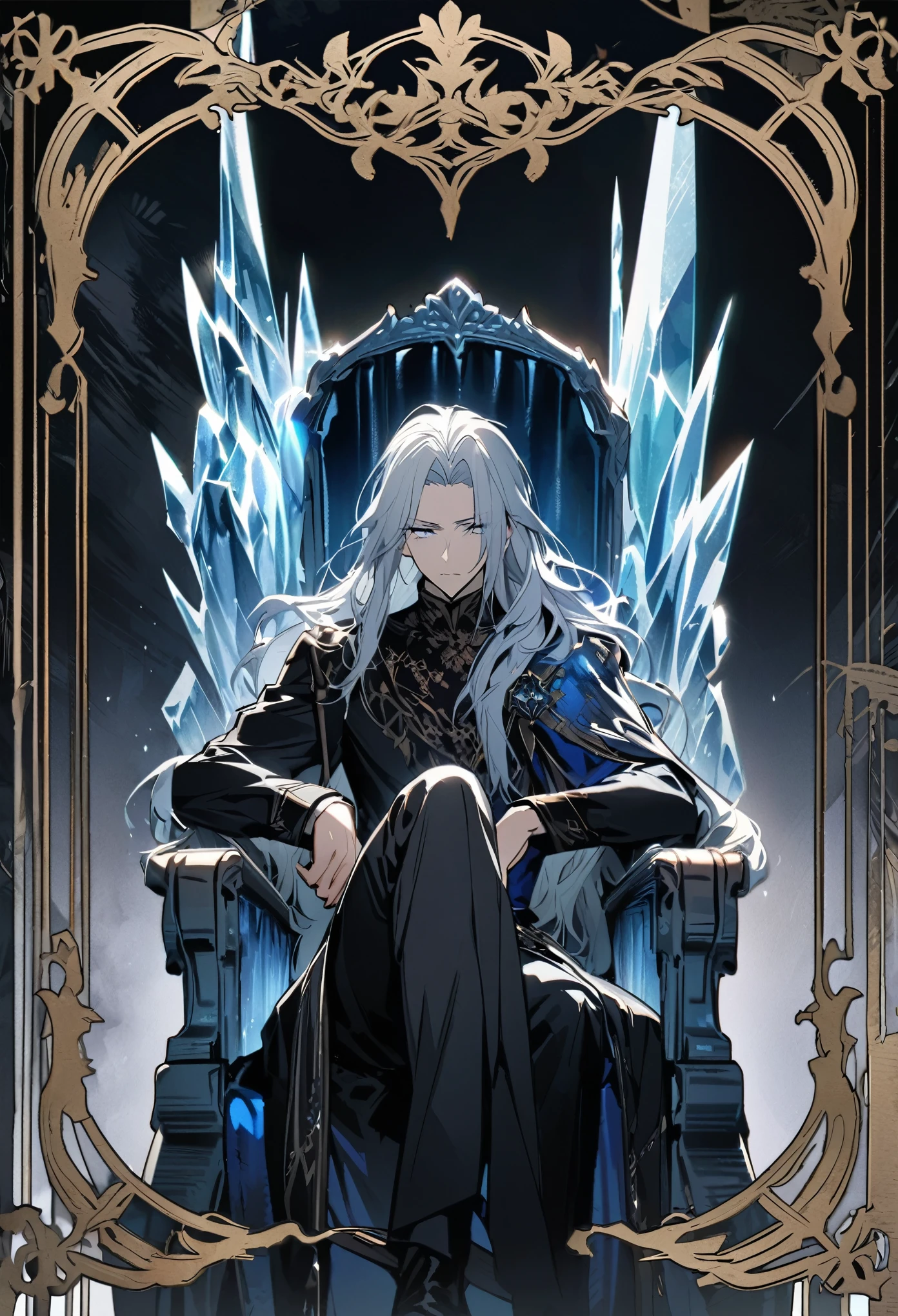 (Tarot Card Backgrounds),The prince sits in a chair,Ice Chair,highest quality, High resolution,One Man, , Super beautiful face, Very beautiful eyes,Very beautiful hair,Indifferent look