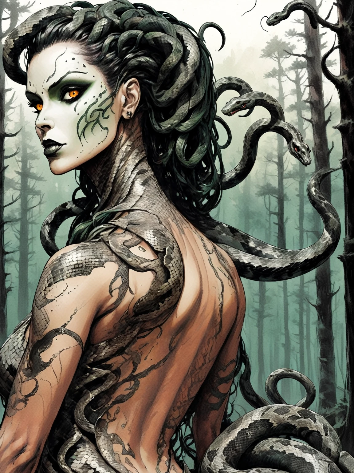 Medusa, splash page decompressed comic cover art, ink style figure, candid, snake skin dress, ((art style expressive Joelle Jones and "Sean Gordon Murphy" comic drawing)), cinematic poster double exposure, optical illusion, image within image, abyss void black no visibility darkness, full body portrait, (background, pine barrens, entropy, rewilding, magic hour sunset with galaxy stars, cosmos), (horror, abstract, surreal, body, cosmic), body drawn in Frederic Delavier musculature anatomical illustration art style, (face, ornate black metal corpse paint, resembles Grace Jones), (body, Naga, snakefolk, lower body snake tail, snake woman hybrid, bald, hairless, skeleton, snake skin tattoos, piercing eyes, snake pupils, over the shoulder), (colors, merge bleak muted deep fiery radiant glowing ROYGBIV, forest green to earth brown), craftsmanship nuance, (art style Gerardo Zaffino charcoal), subliminal orchids, nyctophobia, (wordless, single image), silhouette
