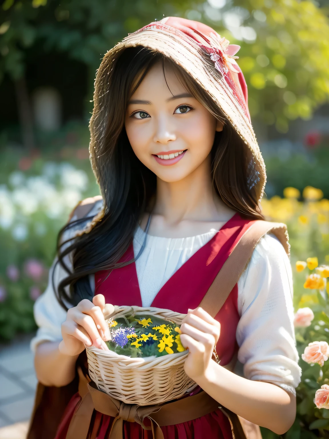 (realistic:2),(masterpiece:2), (highest quality:2),(High-definition face drawing:1.4),(RAW photo:1.3),,(cinematic natural light effects:1.4)(everything is beautiful and perfectly balanced:1.3), (Smile of a very happy age girl:1.2),(Japanese: 1.2),(small face:1.2), (dynamic pose:1.5), (Large eyes with good balance between both eyes:1.5), (big red riding hood: 1.3), (Delicate dress), (Small face: 1.2), (Fairy-tale world feeling: 1.1) , (Put the wicker basket on the ground:1), (A garden with multiple flowers blooming, a secret garden:1.2), blonde hair
