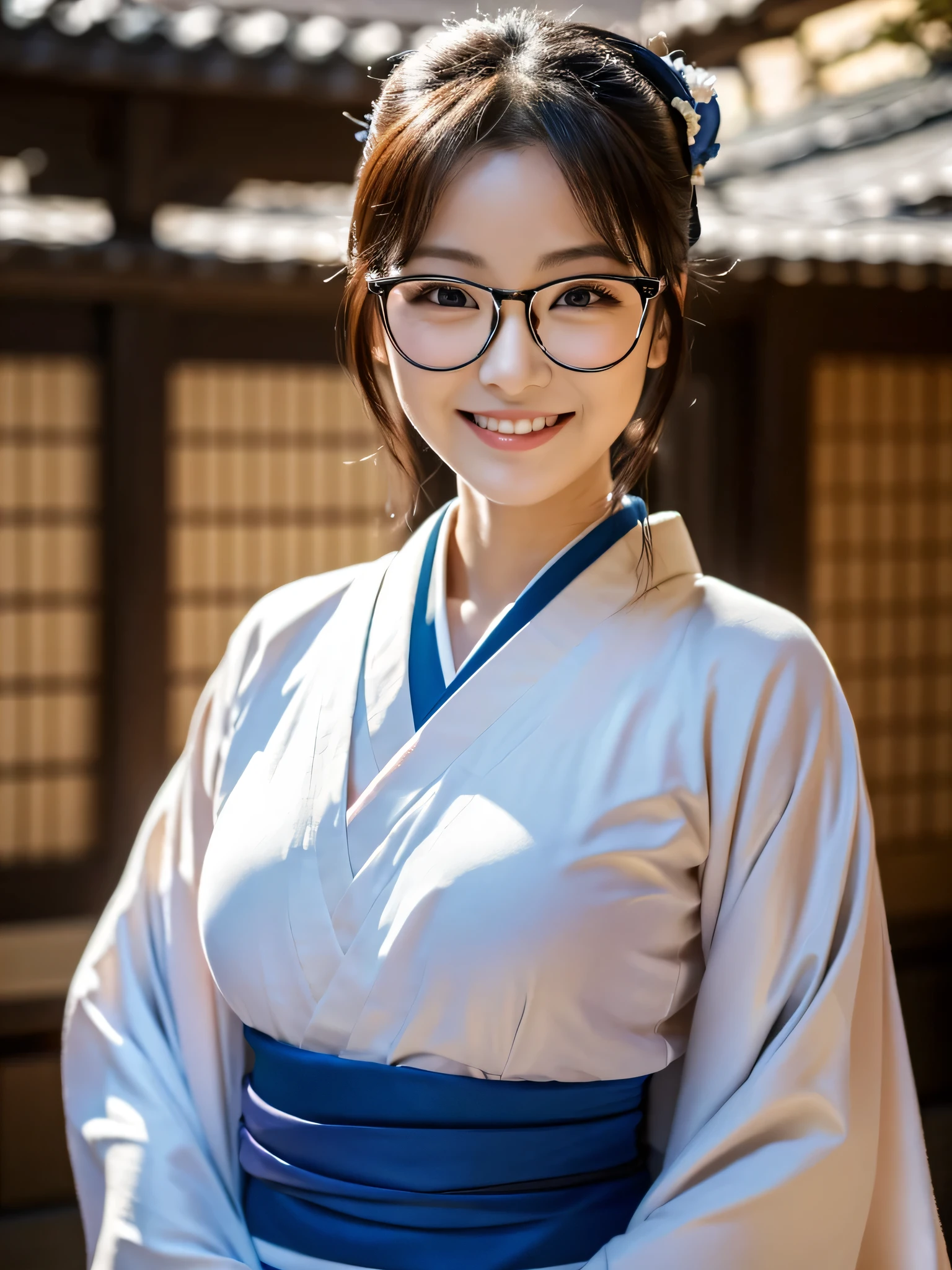 (Super beautiful woman in kimono)、((highest quality、8K masterpiece:1.3))、sharp focus:1.2、(super beautiful face:1.0)、(shiny skin:1.0)、realistic pictures、black hair、video lighting、High resolution eyes and face、video lighting、japanese actress、from the front、big breasts、with a happy smile、Slender abs beauty、whole body、wearing a kimono、in Kyoto、luxury obi、In Kyoto at night、wearing glasses