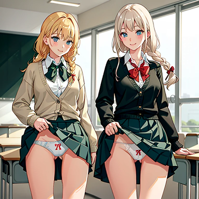 ((2 girls))、(smile:1.5)、Small breasts、(Cowboy Shot)、(fun!!)、(cardigan)、(Blonde)、(blush:1.4)、、(single braid)、(Eye highlights:1.3)、blake black shoes,(黒いskirt)、bow, button, shirt with collar, Long sleeve, ((red bow tie, , Black jacket, Open jacket, 茶色のcardigan, white shirt, 黒のskirt, チェック柄のskirt、white socks)),, shirt,, skirt, socks, Thighs, white shirt, Rest indoors, ((classroom:1.5))、 BREAK while watching the audience、(skirtを掴む:1.0)、 (Perfect hands, Perfect Anatomy),Cowboy Shot、(skirt lift:1.3),(Highly detailed panties:1.3)、(Highly detailed panties:1.3)、、(skirt that rolls up:1.3)、(Full-fledged panties:1.5)、Light blue eyes、