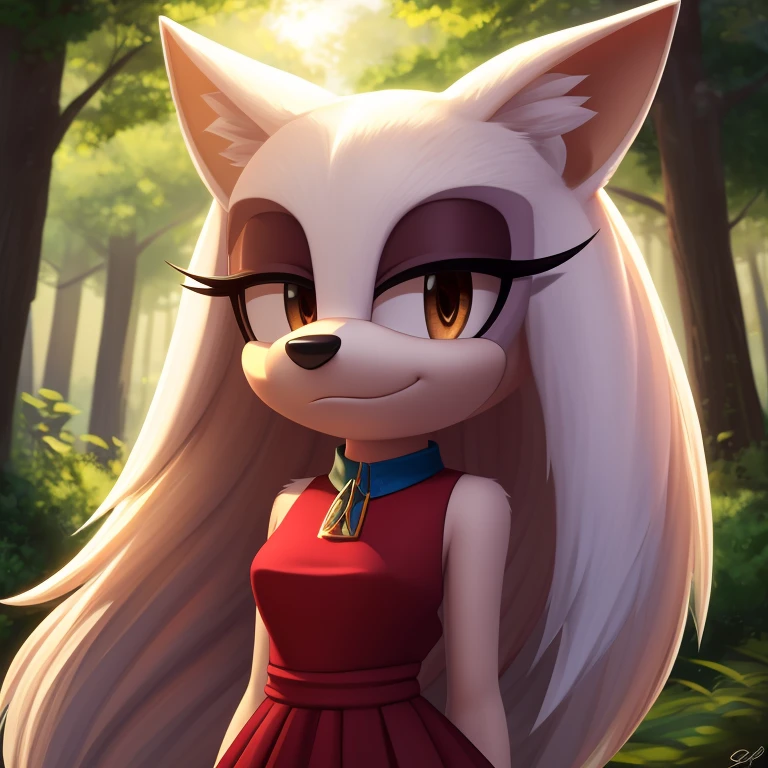 1girl, white borzoi dog, ((Mobian)), (2d art, cel shading), dog ears, tall tail, white hair, long hair, (white ears), (floppy ears), brown eyes, white fur, ((brown eyelids)), WhiteSlavic, Slavic, red pattern dress, forest, masterpiece, 4k, high quality, studio quality, extreme detail, perfect detail, max detail,