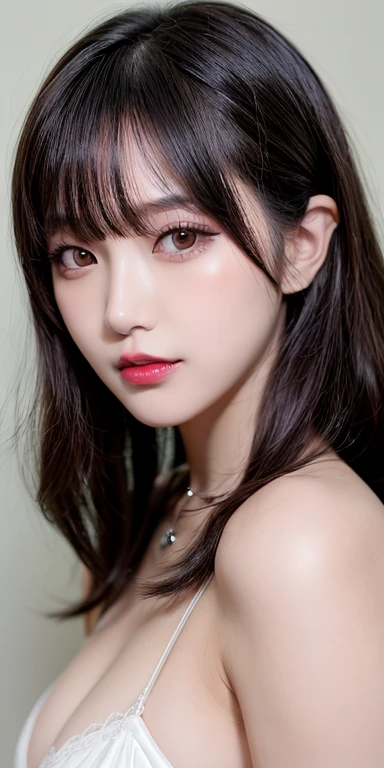 Canon RF 85mmf/1.2,masutepiece,Best Quality,超A high resolution,tu,1 girl,(Korean mixed,Kpop Idol:1.2),Solo,white_shiny_skin,Black eyes,Necklace,brown_long_Wavy_hair,Red_shiny_Lips,Eyelashes,Bangs,deal,make - up,shiny,Pore,skin texture,Bracelet,off shoulders,See-through,Big breasts