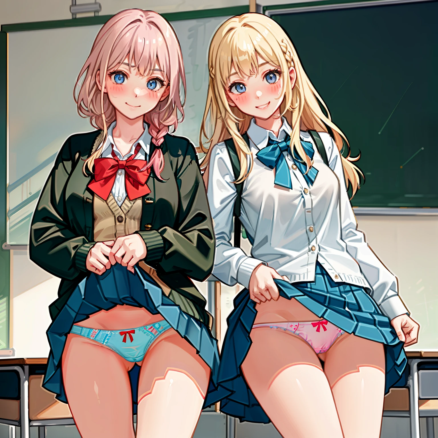 ((2 girls))、(smile:1.5)、Small breasts、(Cowboy Shot)、(fun!!)、(cardigan)、(Blonde)、(blush:1.4)、、(single braid)、(Eye highlights:1.3)、blake black shoes,(黒いskirt)、bow, button, shirt with collar, Long sleeve, ((red bow tie, , Black jacket, Open jacket, 茶色のcardigan, white shirt, 黒のskirt, チェック柄のskirt、white socks)),, shirt,, skirt, socks, Thighs, white shirt, Rest indoors, ((classroom:1.5))、 BREAK while watching the audience、(skirtを掴む:1.0)、 (Perfect hands, Perfect Anatomy),Cowboy Shot、(skirt lift:1.3),(Highly detailed panties:1.3)、(Highly detailed panties:1.3)、、(skirt that rolls up:1.3)、(Full-fledged panties:1.5)、Light blue eyes、