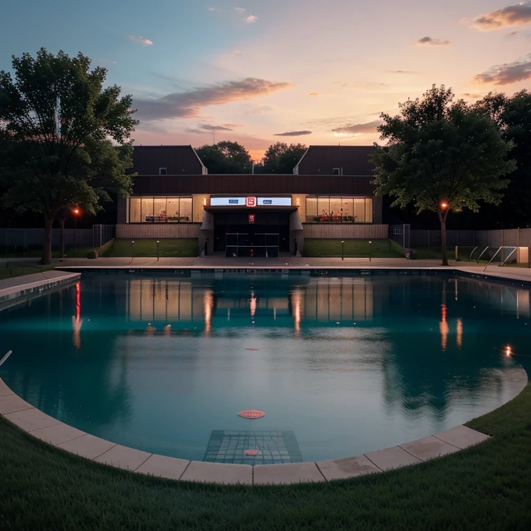 hockey arena from outside, red light by night, a lake next to it, glass for rhe walls and a pool center next to the arena, grass on the behind, concrete in front of