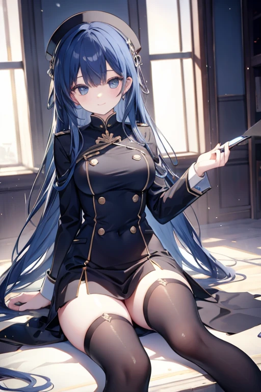 ((4k,masterpiece, best quality)),black academy uniform, black stockings , girl, Graceful  , solo, long blue hair, smiling,