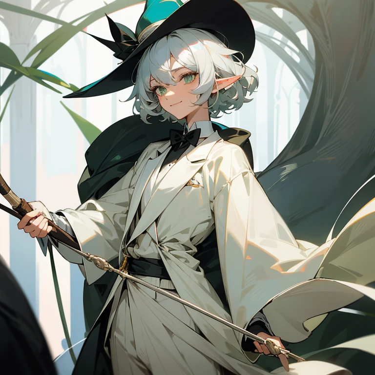 Elf, silver hair, short hair, medium cut, stray hair, curly hair, green eyes, slender, fair skin, androgynous, very delicate, walking stick, silk hat, Tuxedo, A beautiful woman in men&#39;s clothing, Rin々A funny expression, Invincible smile, hat, with a  rod, solo, Wizard, female, museum
