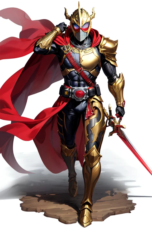 [(white background:1.5)::5], (bottle bottom:0.9), masterpiece,(full body:1.2),(masterpiece, ultra high res, 16k uhd, high quality),1man, kamen rider,dragon knight,golden helmet,with red cape, hold sword