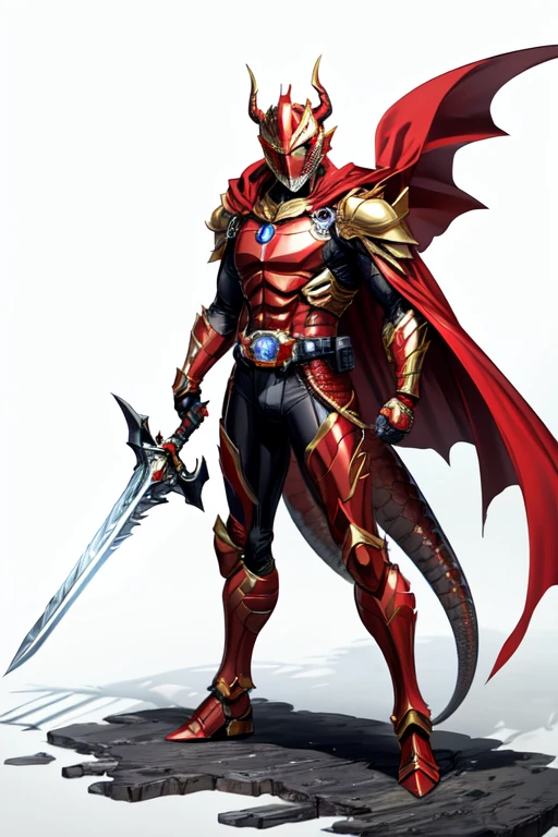 [(white background:1.5)::5], (bottle bottom:0.9), masterpiece,(full body:1.2),(masterpiece, ultra high res, 16k uhd, high quality),1man, kamen rider,dragon knight,golden helmet,with red cape, hold sword