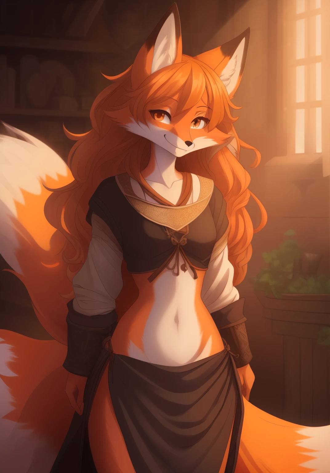 Best quality, super detailed illustration, warm colors, Ideal lighting, perfect detail, (Fox girl:1.4), high, majestic, fluffy fur, disheveled thick hair, bandit clothing in the Middle Ages, smug smile, half-closed eyes ,small waist, wide hips, slim, perfect body, DND style